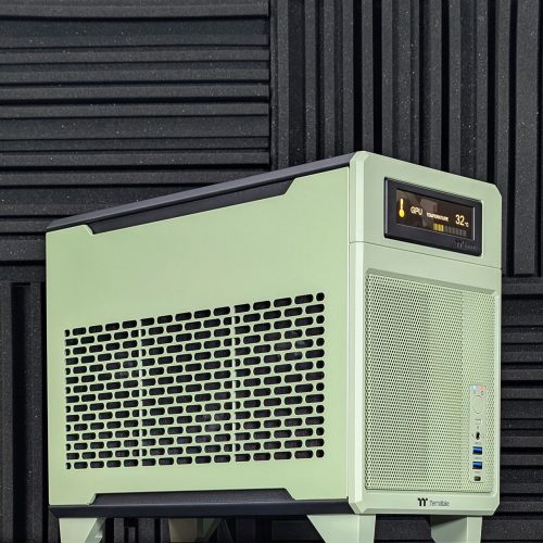 thermaltake tr100 matcha green custom prebuilt sff mini itx gaming pc closeup
